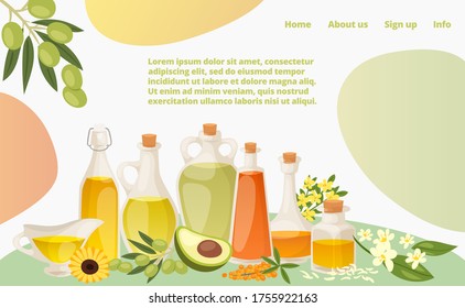 Various healthy oil landing web page, concept banner website template cartoon vector illustration. Website page banner, modern avocado, sunflower and olive fat. Home info and about us button.