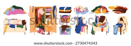 Various heaps of messy clothes, overflowing baskets, cluttered chairs, and untidy closets showing household disorder and laundry clutter set isolated on white background vector illustration