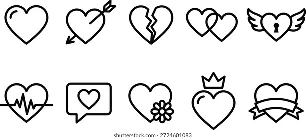 Varios iconos del corazón que representan diferentes etapas y aspectos del amor y la conexión emocional.