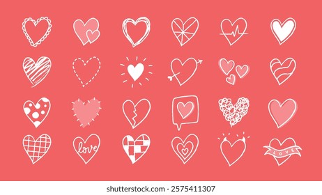 Various heart illustrations on a red background. Heart shapes vary in style, with doodles, arrows, and love themes. Heart designs convey love and affection. Cute hand drawn love doodle, set. Vectors.