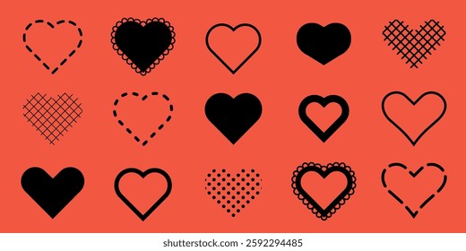 Various heart shapes on a red background. Black heart icons, diverse heart designs, and creative heart patterns. Perfect for love-themed projects. Valentine's Day elements, vector set.