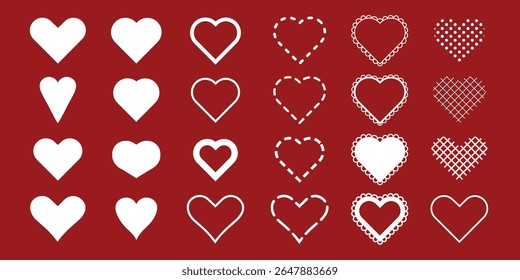 Various heart shapes on a red background. White hearts, different styles. Heart patterns, heart outlines, heart designs. Love theme, graphics. Valentine's Day elements, vector set.