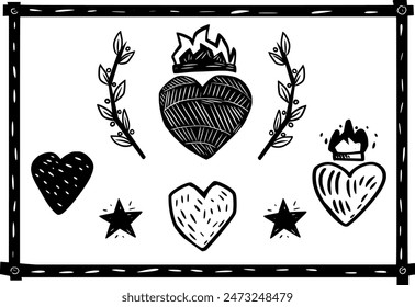 Various heart styles, hatched heart, heart with fire. woodcut style