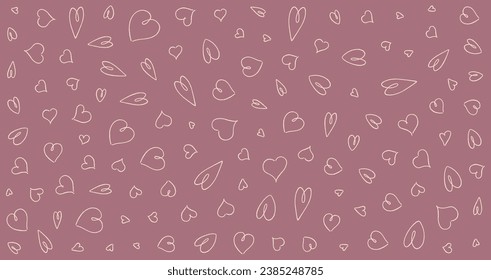 Various hearts on pink background. Hand drawn doodle. Happy Valentines day concept. For declaration of love. Dusty rose color background. Vector illustration.