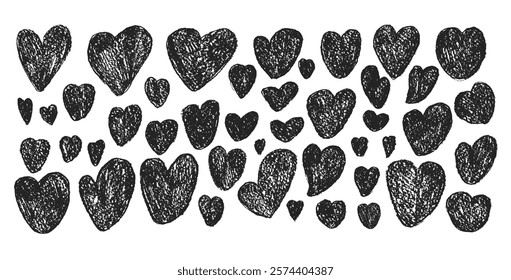 Various hearts set. Crayon romantic elements. Love signs grunge icons. Textured vector charity or kind symbols shapes drawn by charcoal or graphite pencil illustration isolated on white background.