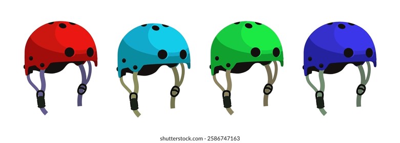 Various helmets in red, blue, green, and dark green showcase vibrant colors ideal for safety in skateboarding, cycling, or other extreme sports. Each helmet features adjustable straps for a snug fit.