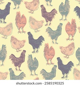 Various hens and cocks seamless pattern, hand-drawn illustration