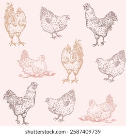 Various hens and cocks seamless pattern, hand-drawn illustration