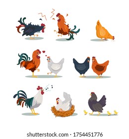 Various hens and roosters flat icon set. Cartoon Christmas or Easter chicken characters in different poses isolated vector illustration collection. Cute domestic birds, farm and poultry concept