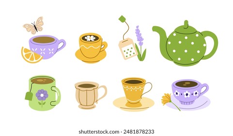 Various herbal teas and wild flower drinks set. Collections of teapot, enamel mug with saucer, porcelain cup and other teacups to serve at tea party. Vector illustration.