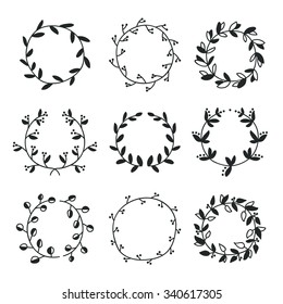 Various herbal wreaths, hand-drawn. Vector illustration on white background.