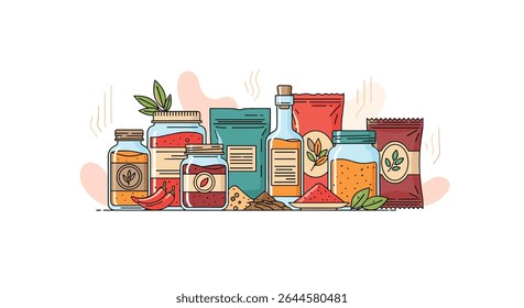 Various herbs and spices in jars and packages beautiful vector illustration design