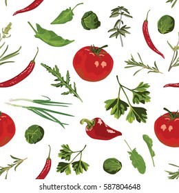 Various herbs and spices on a white background. Seamless pattern.