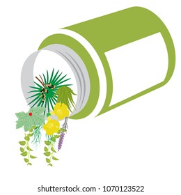 various herbs spilling from the overturned bottle instead of synthetic medicines. concept vector format illustration.