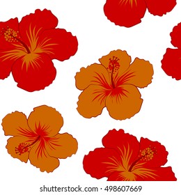Various hibiscus hawaiian tropical flowers in red and yellow colors on a white background. Vector floral seamless pattern.