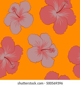 Various hibiscus hawaiian tropical flowers on a orange background. Vector floral seamless pattern.