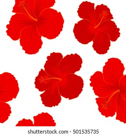 Various hibiscus hawaiian tropical flowers in red colors on a white background. Vector floral seamless pattern.