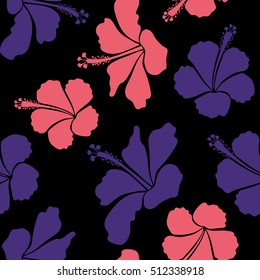 Various hibiscus hawaiian tropical flowers in blue and pink colors on a black background. Vector floral.