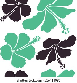 Various hibiscus hawaiian tropical flowers in purple and green colors on a white background. Vector floral seamless pattern.