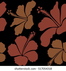 Various hibiscus hawaiian tropical flowers in brown colors on a black background. Vector floral seamless pattern.