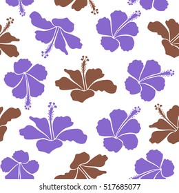 Various hibiscus hawaiian tropical flowers in brown and violet colors on a white background. Vector floral seamless pattern.