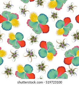 Various hibiscus hawaiian tropical flowers in green, neutral and yellow colors on a white background. Vector floral seamless pattern.