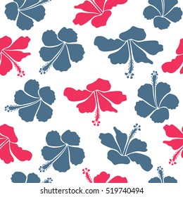Various hibiscus hawaiian tropical flowers in pink, blue and beige colors on a white background. Vector floral seamless pattern.