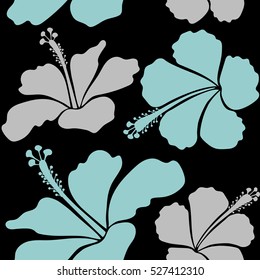 Various hibiscus hawaiian tropical flowers in neutral and blue colors on a black background. Vector floral.