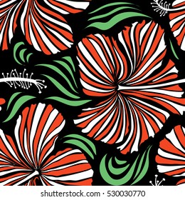 Various hibiscus hawaiian tropical flowers in orange and white colors on a black background. Vector floral seamless pattern.