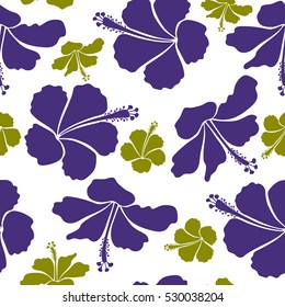 Various hibiscus hawaiian tropical flowers in violet and green colors on a white background. Vector floral seamless pattern.