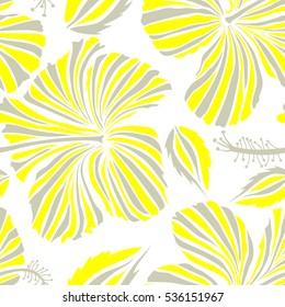 Various hibiscus hawaiian tropical flowers in white and yellow colors on a white background. Vector floral seamless pattern.