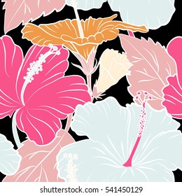 Various hibiscus hawaiian tropical flowers in pink and orange colors on a black background. Vector floral seamless pattern.