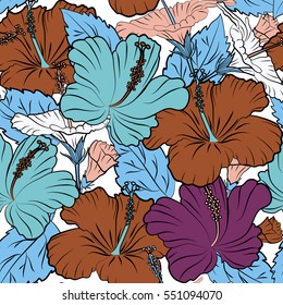 Various hibiscus hawaiian tropical flowers in pink, blue and purple colors on a white background. Vector floral seamless pattern.