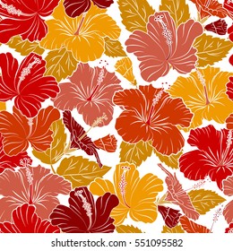 Various hibiscus hawaiian tropical flowers in red, orange and yellow colors on a white background. Vector floral seamless pattern.