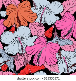 Various hibiscus hawaiian tropical flowers in orange, pink and red colors on a black background. Vector floral seamless pattern.