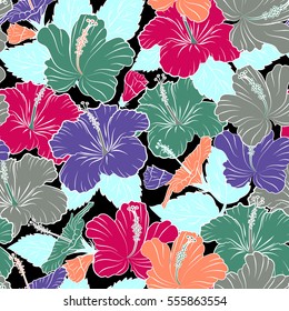 Various hibiscus hawaiian tropical flowers in orange and violet colors on a black background. Vector floral seamless pattern.