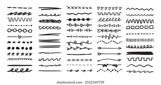 Various highlighter and underline lines set. graphic elements drawing free brush. Doodle strokes and markers. Vector illustration
