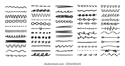 Various highlighter and underline lines set. graphic elements drawing free brush. Doodle strokes and markers. Vector illustration