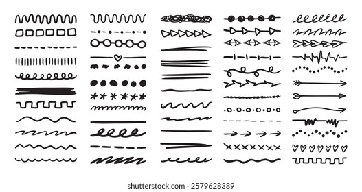 Various highlighter and underline lines set. graphic elements drawing free brush. Doodle strokes and markers. Vector illustration