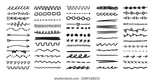 Various highlighter and underline lines set. graphic elements drawing free brush. Doodle strokes and markers. Vector illustration