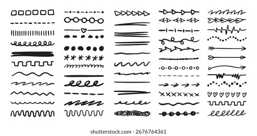 Vários marca-texto e sublinhado são definidos. elementos gráficos desenhando pincel livre. Desenhar traços e marcadores. Ilustração vetorial