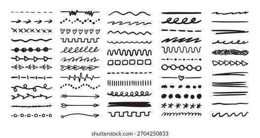 Conjunto de varias líneas de resaltador y subrayado. Elementos gráficos dibujando pincel libre. Doodle trazos y marcadores. Ilustración vectorial