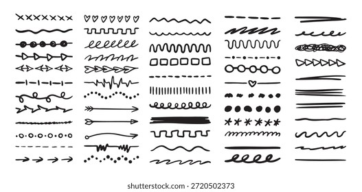 Conjunto de varias líneas de resaltador y subrayado. Elementos gráficos dibujando pincel libre. Doodle trazos y marcadores. Ilustración vectorial