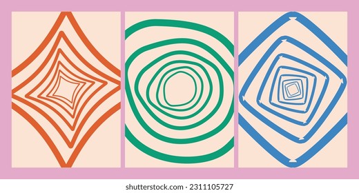 Various Hippie Groovy 60s Backgrounds. Rectangle, round, squire pattern. Trendy y2k retro aesthetic style. Psychedelic texture isolated vector illustration.