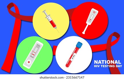various HIV testing tools: Antibody-Antigen Test, Antibody Test and PCR Test with a red ribbon commemorating National HIV Testing Day on June 27
