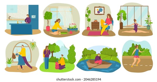 Various hobby people character together backpack hike, ballroom dance, fishing sport, yoga flat vector illustration, isolated on white background.