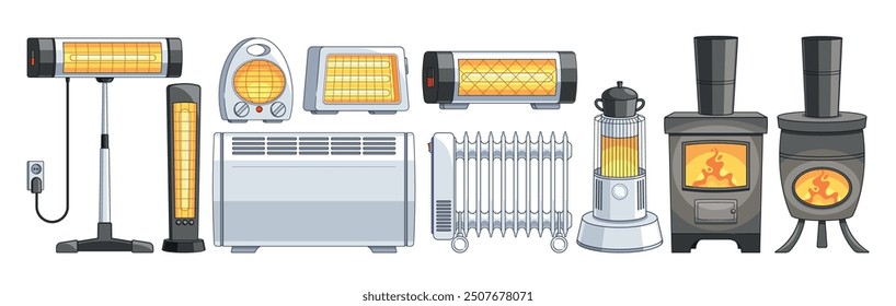 Various Home Heating Devices Collection Showing Radiators, Space Heaters, And Wood Stoves. Different Types Of Heaters