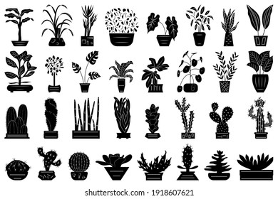 Various home plants in flower pots. Set of vector icons isolated on white, silhouette style. Cacti, succulents, deciduous plants for home and office.