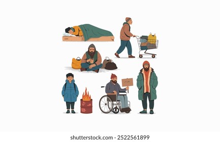 Various homeless individuals in different situations, including sleeping and begging.