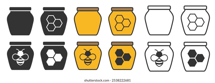 Conjunto de varios símbolos de icono de tarro de vidrio de miel. Colección de signo de logotipo de símbolo de miel. Signo de cera de abeja. diseño de paquete de miel. Imagen de Ilustración vectorial. Aislado sobre fondo blanco.